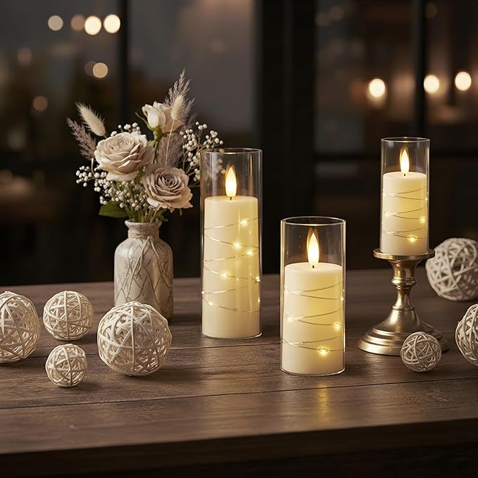 Raycare Flameless Candle with Remote Timer, 7 Flickering Acrylic Battery Operated LED Pillar Candles with Embedded Star String for Halloween, Home Decor, and as a Gift(Ivory)