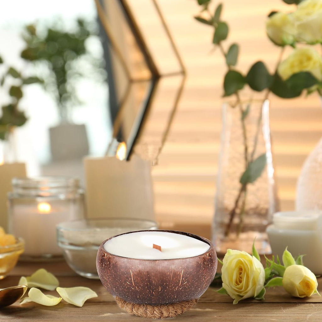 4 PCS Dough Bowl for Candle with Coconut Silk Base, Natural Coconut Shell Bowl Vintage Rustic Farmhouse Decor, Wood Candle Container for DIY Home Crafts Making Farmhouse Table Centerpiece