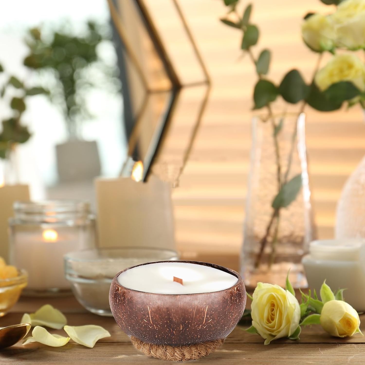 4 PCS Dough Bowl for Candle with Coconut Silk Base, Natural Coconut Shell Bowl Vintage Rustic Farmhouse Decor, Wood Candle Container for DIY Home Crafts Making Farmhouse Table Centerpiece
