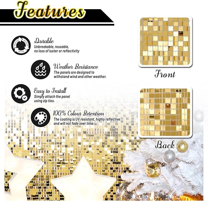 Kate Square Light Gold Sequin Wall Panels Shimmer Wall Birthday Party Backdrop Decorations (Pack of 12)