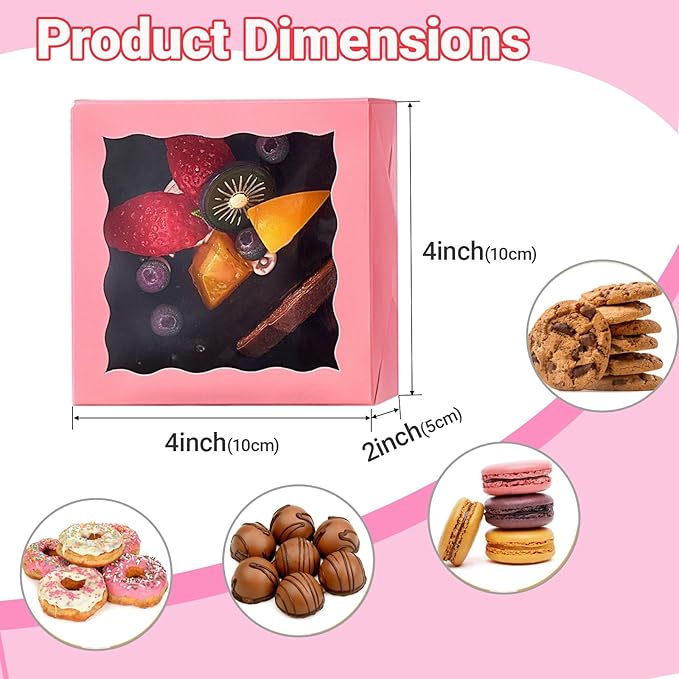 100-Pack 4x4x2 Pink Bakery Boxes - Treat/Cookie/Truffle Boxes for Mini Cakes, Pies & Cinnamon Rolls - Wedding Party Favor Packaging