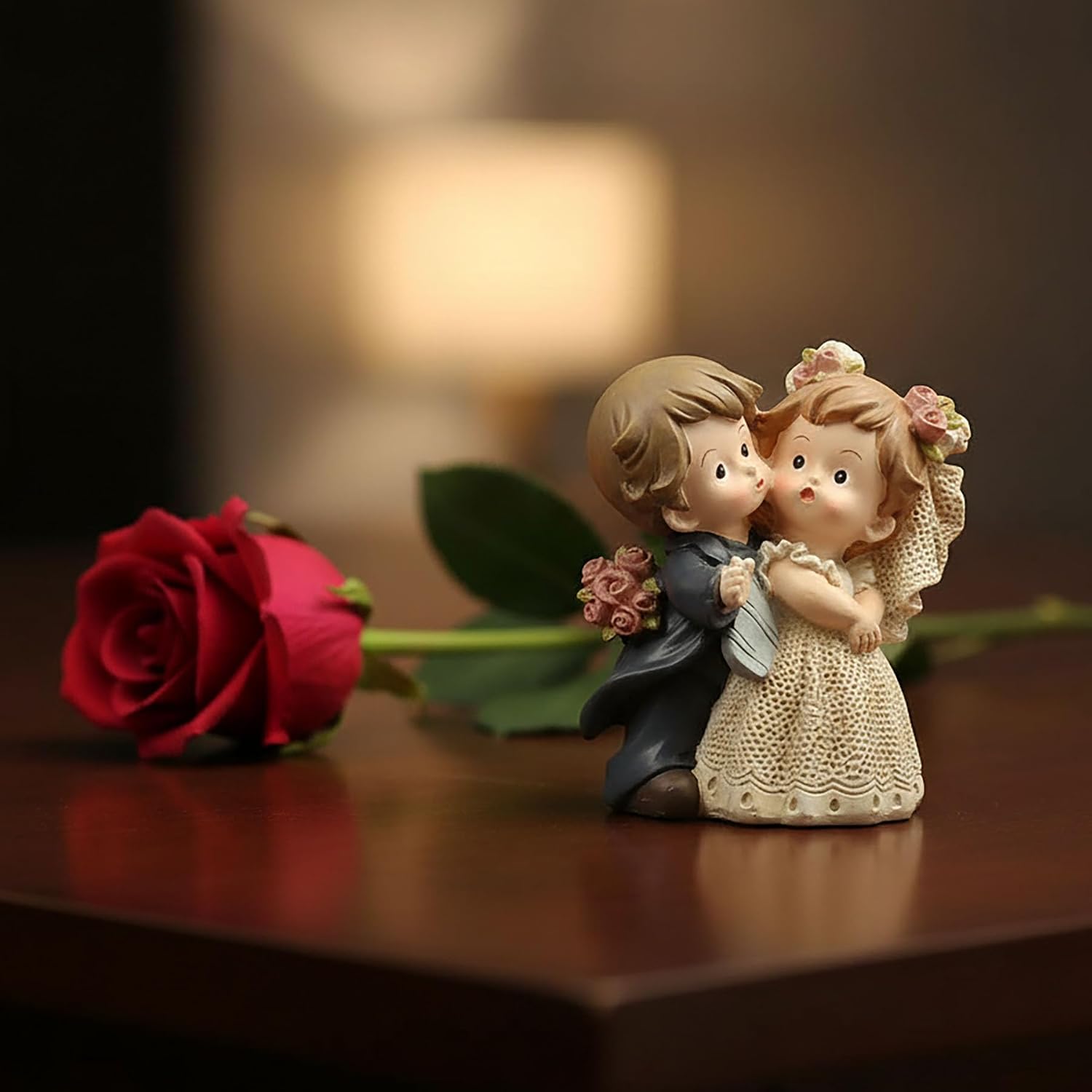 Bride and Groom Figurine, Romantic Wedding Couple Statue, 3.15 Inch | Hand-painted resin wedding cake topper with floral details for reception tables, keepsake displays and romantic gifts