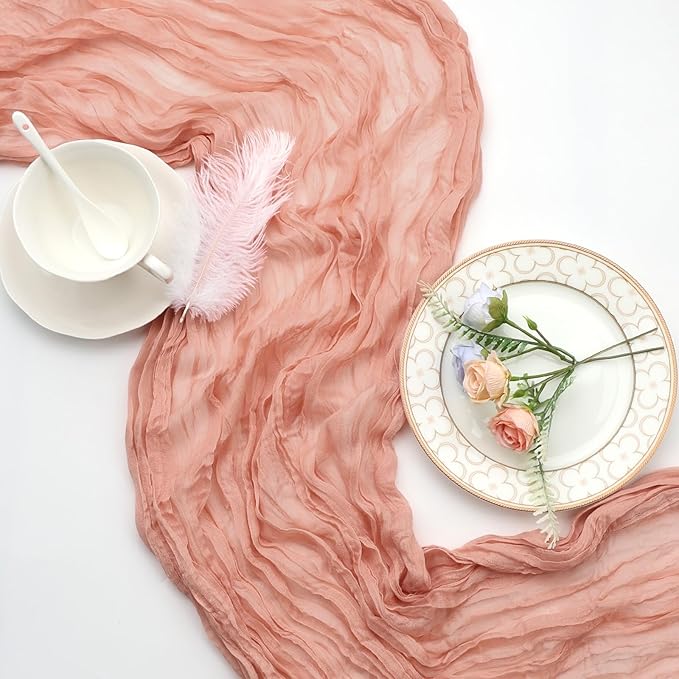 12 Pack Peach Cheesecloth Table Runner 10ft Boho Gauze Fabric Cheese Cloth Table Runner 35 x 120 Inch Rustic Sheer Runner for Romantic Wedding Decor Baby Shower Party Table Centerpiece Decoration