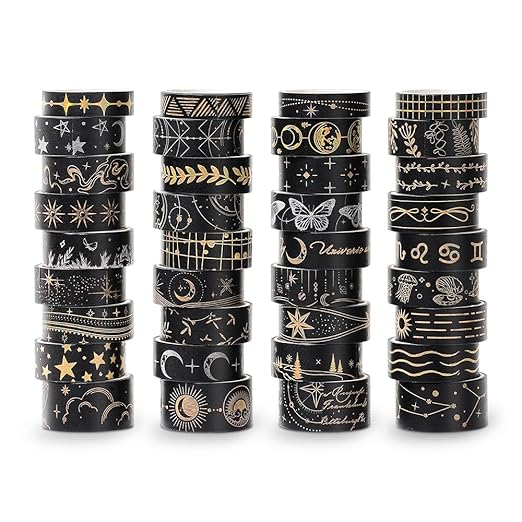 36 Rolls Glow-in-The-Dark Starry Washi Tape Set with Gold Foil Celestial Patterns - Writeable Decorative Tapes for Scrapbooking, Bible Journaling, Bullet Journals 0.6" x 79" per Roll