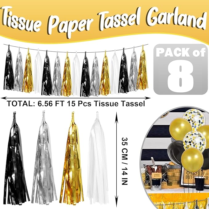 8P Black Gold Silver Foil Fringe Metallic Tassel Garland, Tassels Banner Streamers for Parade Floats, Bachelorette, Wedding, Birthday, Halloween, Christmas, Bridal/Baby Shower Party Decorations