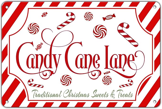Christmas Candy Cane Lane Metal Tin Sign Traditional Christmas Sweets and Treats Winter Sign for Home Living Room Outdoor or Indoor Wall Decor Gift Christmas Candy Cane Lollipop 8x12Inch