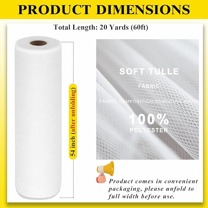 54" by 20 Yards White Tulle Fabric Rolls - Tutu Spool Bolt for DIY Wedding Decoration, Baby Shower Tutu Skirt, Gift Wrapping - Large Matte Tulle, Roll Packaging