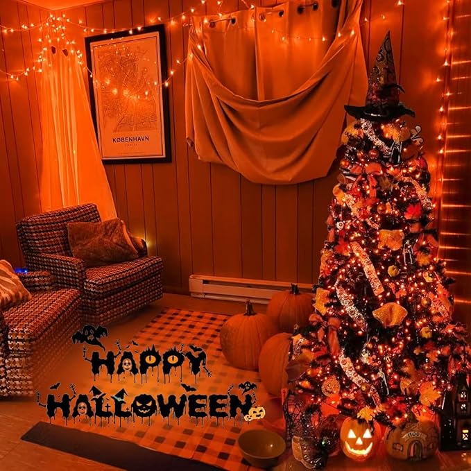 YEGUO 165ft 500 LED Halloween Lights Outdoor Waterproof, 8 Modes Orange String Lights Plug in, Green Wire Christmas Lights Indoor with Timer Memory