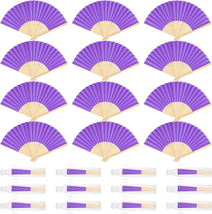 12 Pieces Purple Hand Held Bamboo Folding Fans Paper Fans Handheld for Women Foldable Girls Wedding DIY Decoration Church Home Party Favors Summer