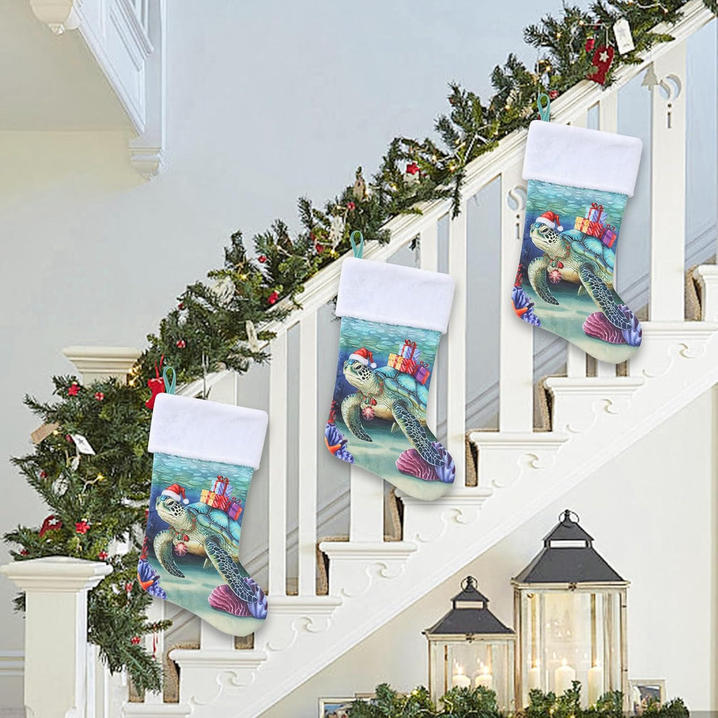20 Inches Sea Turtle Christmas Stockings, Ocean Turtle Christmas Ornaments Large Hanging Stockings with Plush Cuff for Family Holiday Party Decorations