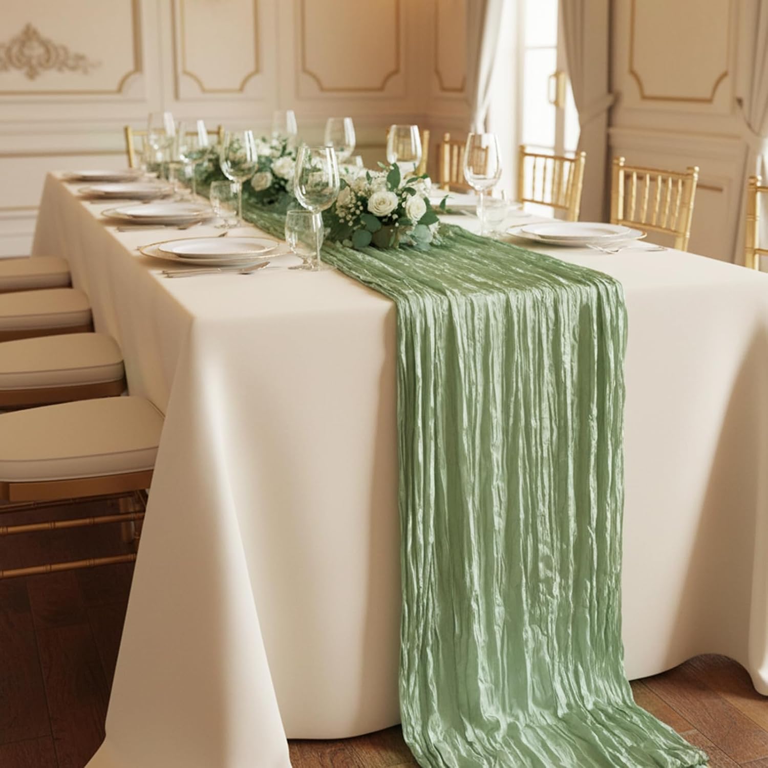 3 Pack Sage Green Cheesecloth Table Runner 120 Inch 10FT Cheese Cloth Runners for Baby Shower, Boho Decor, Wedding Decoration, Jungle Theme Party
