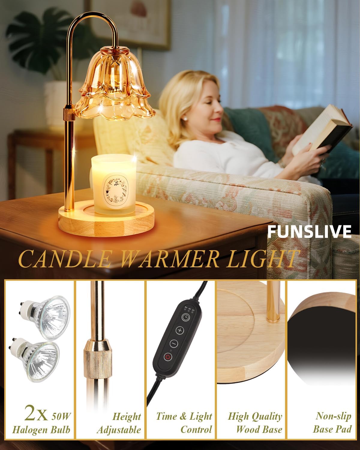 Flower Candle Warmer Lamp with Timer Dimmable, Christmas Birthday Gifts for Women Mom, Candle Warming Light Height Adjustable, Wax Melt Warmer for Jar Scented Candles, Housewarming Candle Lamp