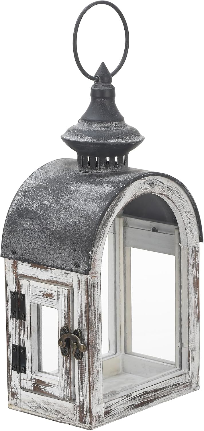 12" High Wooden Dome Lantern Made of Solid Fir Wood and Real Glass in Whitewash Finish with Grey Metal Top, Hurricane Lantern, Farmhouse Lantern (Whitewash, 6"x4.4")