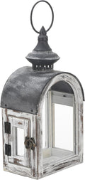 12" High Wooden Dome Lantern Made of Solid Fir Wood and Real Glass in Whitewash Finish with Grey Metal Top, Hurricane Lantern, Farmhouse Lantern (Whitewash, 6"x4.4")