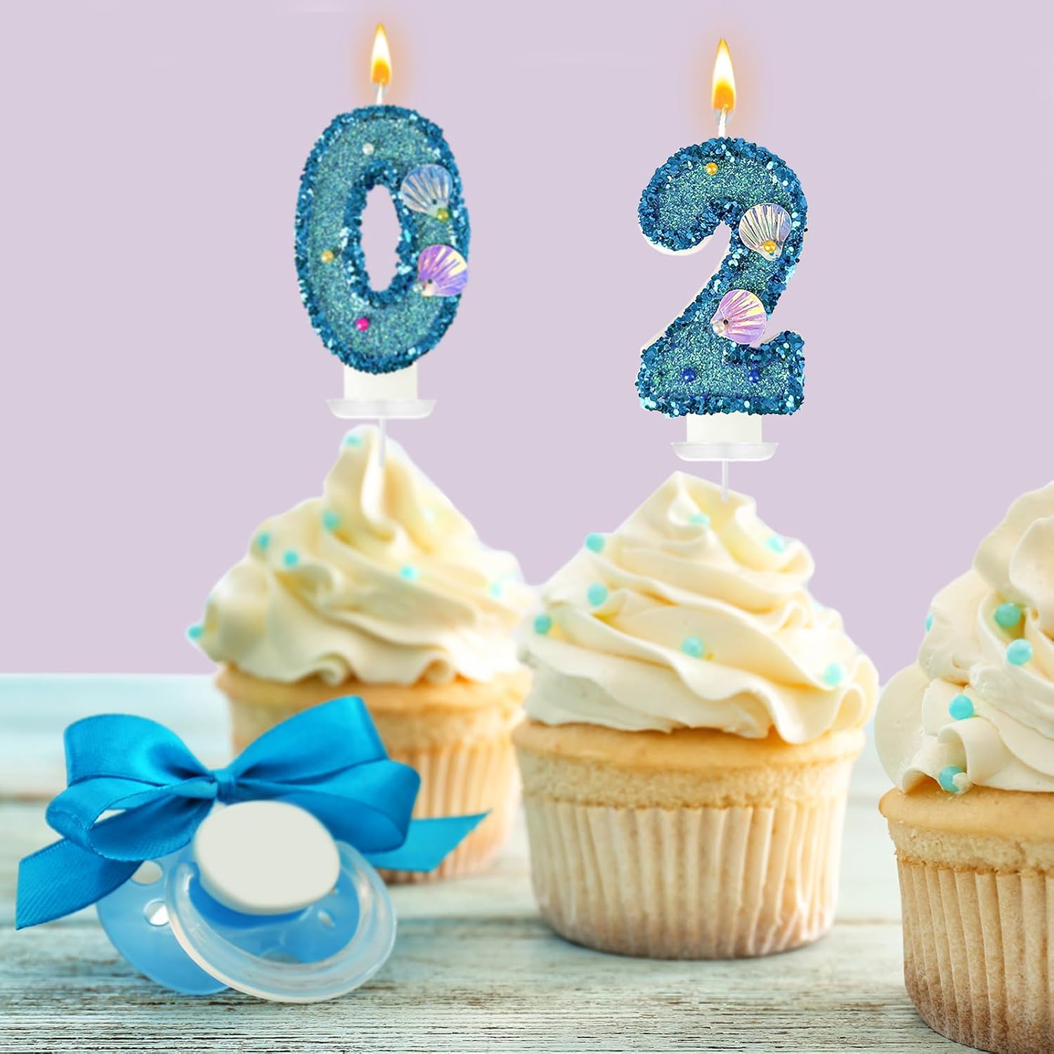 Blue Shell Sequin Number Candle Birthday Cake Number Candle for Mermaid Theme Party, Wedding, Party, Party Decoration Supplies (2)