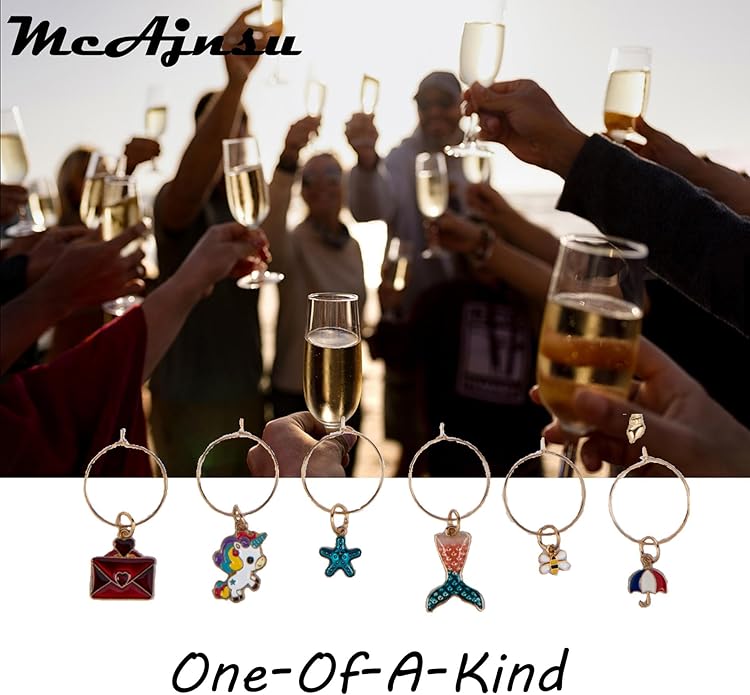 24Pcs Wine Glass Charms & Markers - Reusable Identifier Tags for Stem Glasses - Funny Non-Scratch Charms for Summer Beach, Christmas & Wine Party