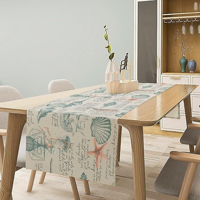 Starfish Table Runner,Seashells Beach Coastal Nautical Sailboat Jellyfish Vintage Hand Drawn Burlap for Hotel Indoors Outdoor Dining Room Kitchen Table Decor, 13x90in