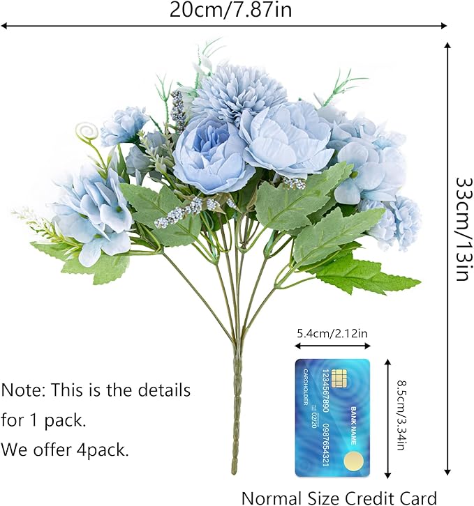 Artificial Flowers, 4 Packs Blue Fake Peony Silk Hydrangea Bouquet Decor Plastic Carnations Daisy Realistic Flower Home Office Party Decor Arrangements Wedding Decoration Table Centerpieces