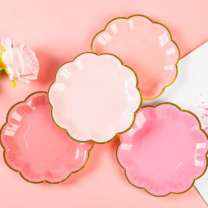 Pink Party Plates Gradient Pink Dessert Paper Plates 7inch Gold Foil Scalloped Edge Disposable Cake Plates for Tea Party Birthday Bridal Baby Shower Wedding Party Supplies (24)