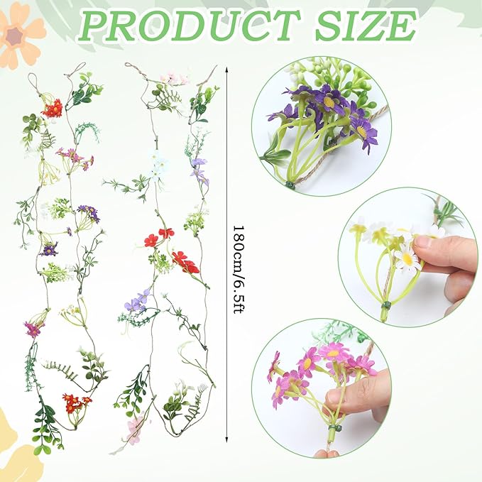 Yunlly 4 Pcs Artificial Flowers Hanging Decoration 6ft Faux Wildflower Vines Backdrop Floral Garlands Flower Vines for Wedding Party Background Birthday Home Birthday Garden Wall Arch Decor