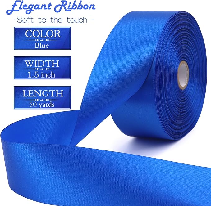 Blue Solid Satin Ribbon 1-1/2 Inch 50 Yards Solid Polyester Fabric Ribbon for Gift Wrapping Wedding Christmas Baby Shower Birthday Party Decoration Handmade Immortal Flower Craft