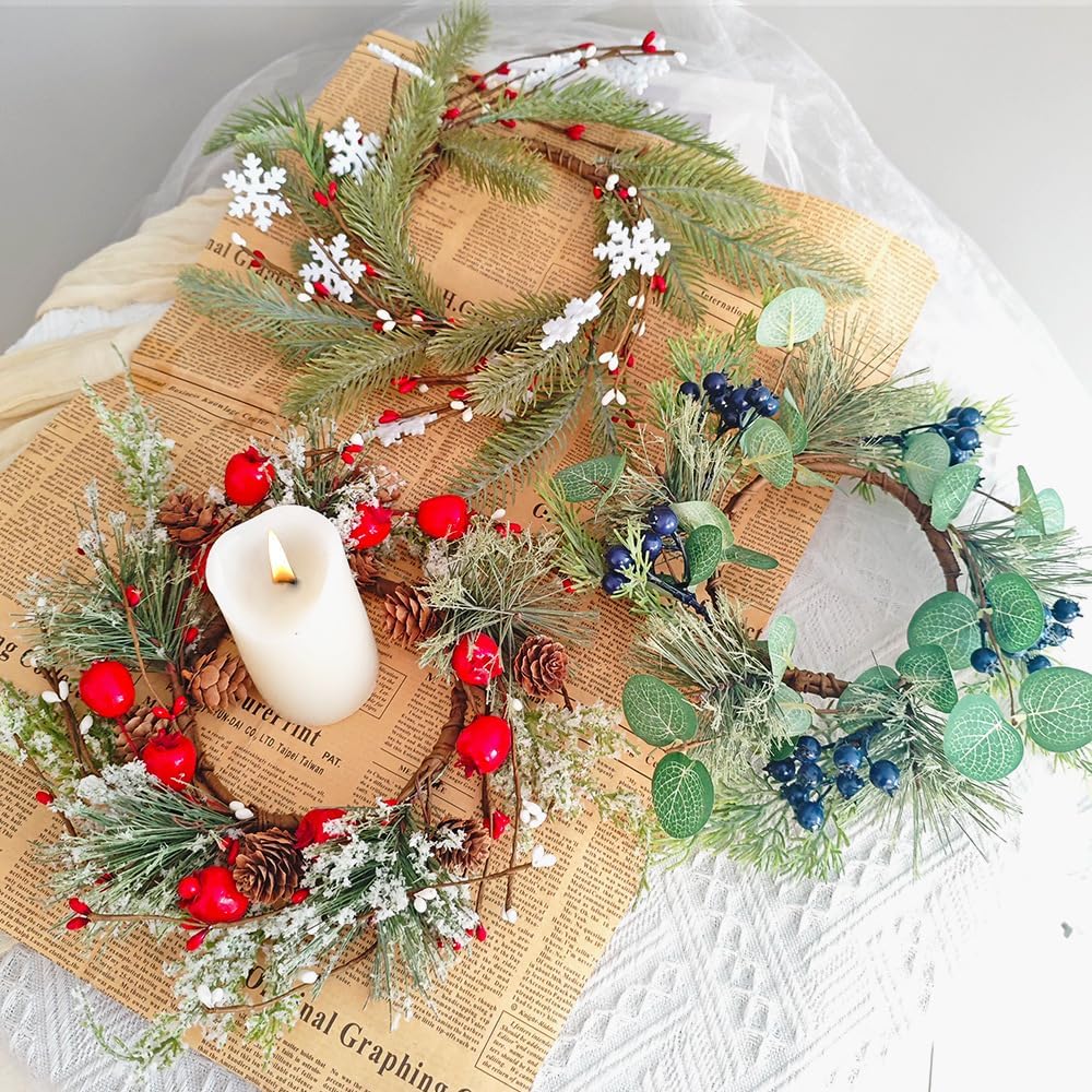 2 Pcs Christmas Candle Rings Wreaths Berries & Pinecone Candle Rings Artificial Norfolk Pine Candle Holder 12" for Winter Home Kitchen Table Centerpiece (Red)