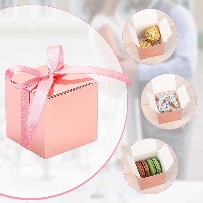 EUSOAR Candy Boxes Party Favors, 60pcs 2x2x2 Inches Small Gift Boxes Wedding Candy Box with Ribbons, Mini Bakery Cookies Box Square Chocolate Containers for Anniversary Bridal Party Favor Decoration