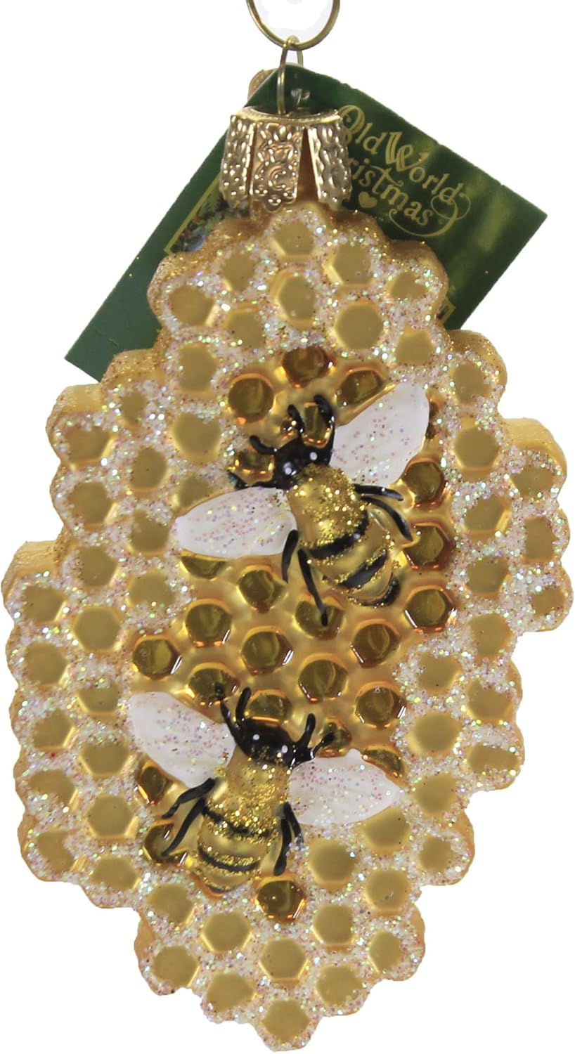 Old World Christmas Honeycomb Glass Blown Ornament for Christmas Tree, Handcrafted Holiday Decoration, Bee Collection