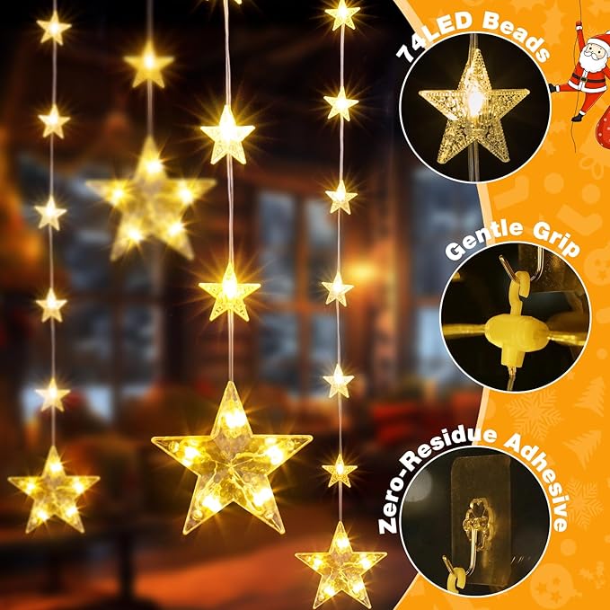 46 Stars Christmas Window Lights, IP65 Waterproof 74 LEDs Twinkle Star Curtain Lights with 8 Modes Timer, Warm White Battery Operated Hanging Christmas Star Decoration for Indoor Outdoor Xmas Bedroom