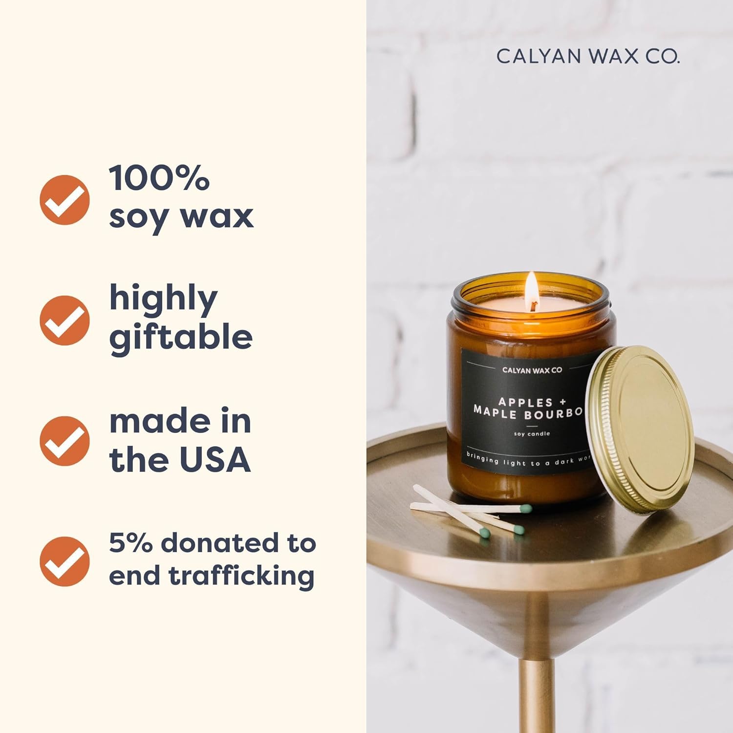 Calyan Wax Co. Apples & Maple Bourbon Scented Candle - 57 Hour Burn - Luxury Clean Soy Wax Candles - Long Lasting Amber Glass Jar Candle for Home - 7.2oz