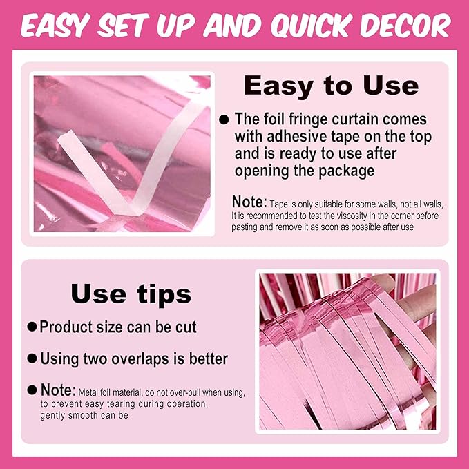 6 Pack Pink Foil Fringe Curtains Backdrop, 3.28 x 8.2 Ft Metallic Streamers Tinsel Curtains Background for Photo Booth, Birthday, Weddings, Carnivals, Graduation, Themed Party Decorations