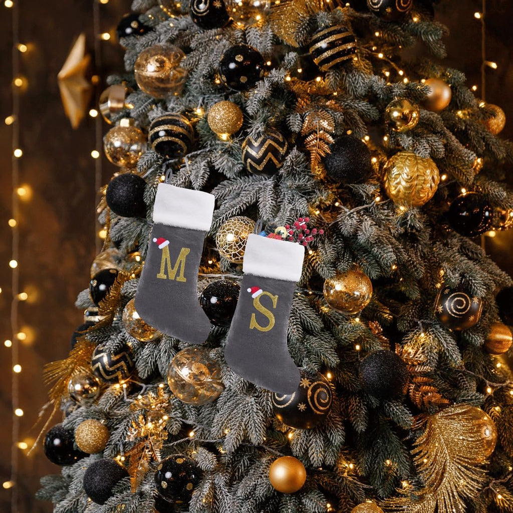 20 Inches Monogram Christmas Stockings with Letters Large Super Soft Christmas Stockings, Grey Velvet with White Plush Cuff Embroidered Xmas Stocking for Christmas Family Decor Letter P