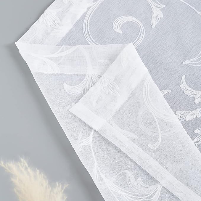 Sheer Curtains White 63 Inch Embroidered Floral, Rod Pocket Voile Drapes for Living room, Bedroom, Vintage Embroidered Semi Crinkle Curtain Panels for Yard, Patio, Villa, Parlor, Set of 2, 52"x 63".