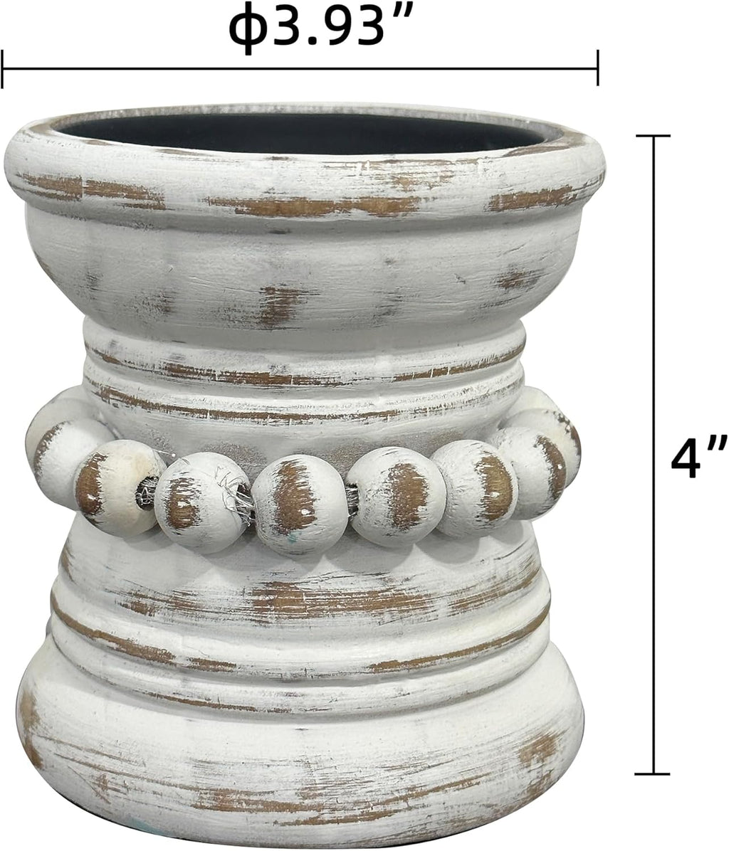 dwellington Farmhouse Rustic Wood Pillar Candle Holder, Decorative Beaded Candlestick Holder Stand for Home Décor, Gifts, Wedding (White Wash)