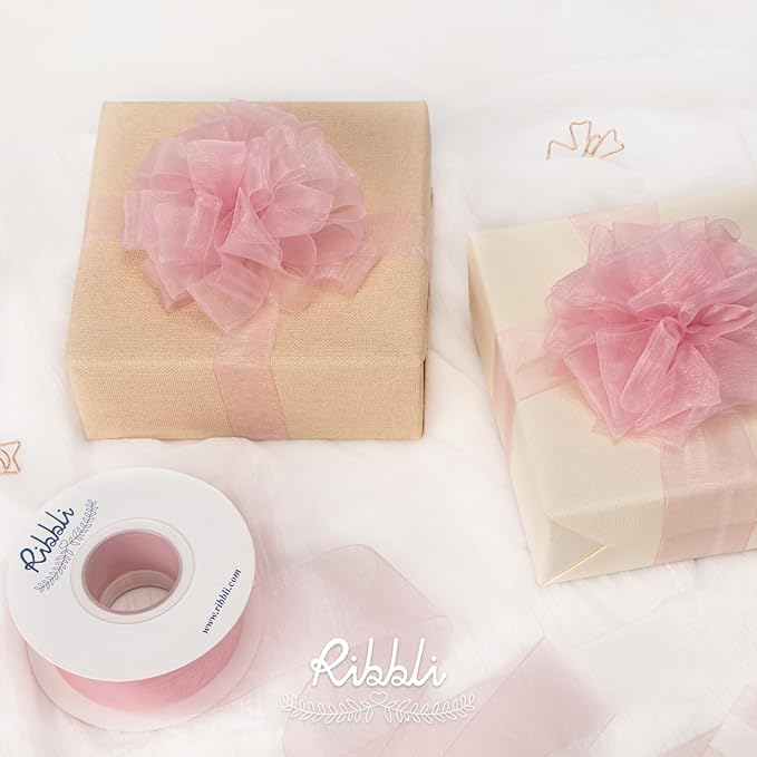 Ribbli Rose Pink Sheer Organza Ribbon,1-1/2 Inches x Continuous 50 Yard Use for Gift Wrapping,Bouquet Wrapping,Wedding Decoration,All Crafting and Sewing