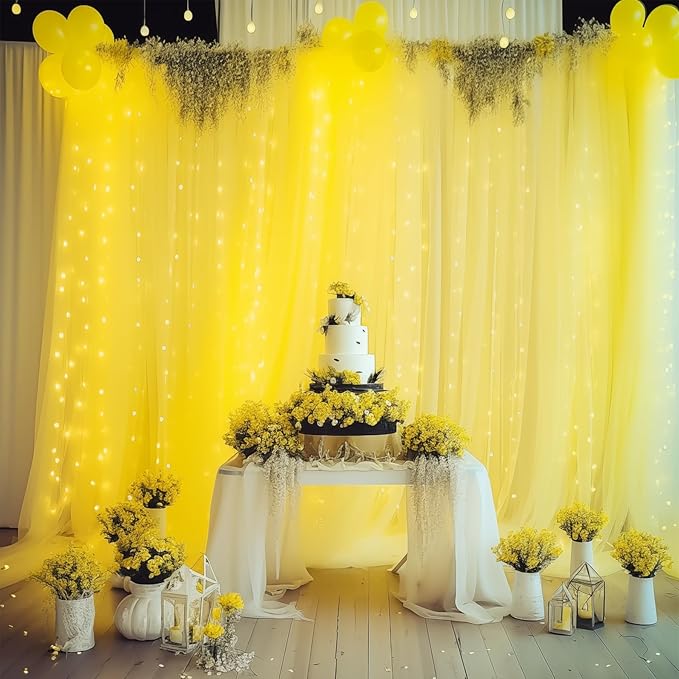 10×10ft Yellow Tulle Backdrop Curtain with Lights String for Parties, Sheer Curtain Backdrop Drapes for Wedding Party Photography Background