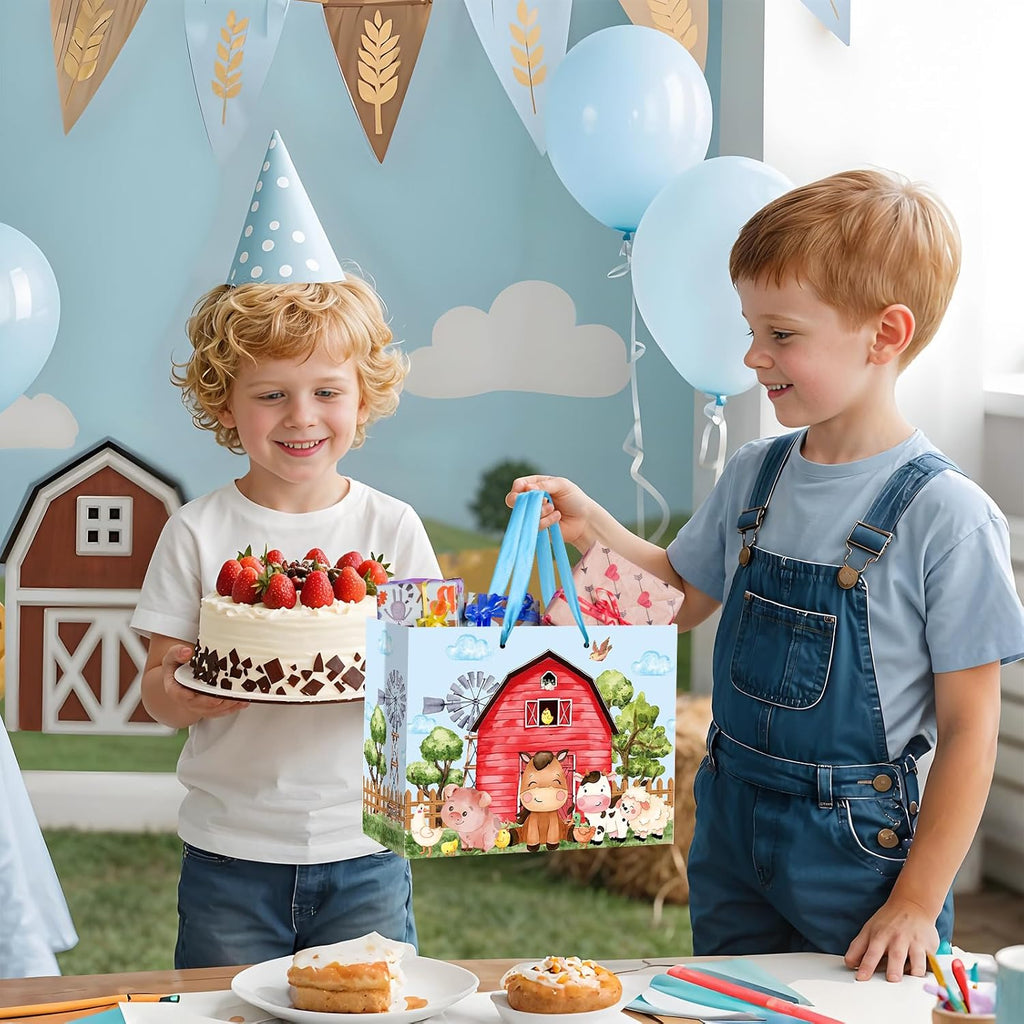 Farm Animals Theme Birthday Gift Bag for Boys Baby Shower Blue Farmhouse Barnyard Gift Bag Wrapping Paper Card Large Cows Pigs Gifts Bag for Baby Shower Farm Birthday Party Favors Supplies