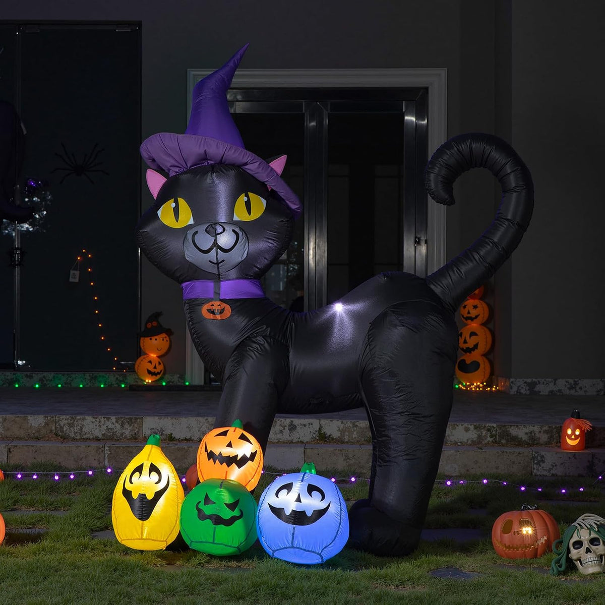 6FT Halloween Inflatable Black Cat with Witch Hat and 4 Colorful Pumpkins, Cu...