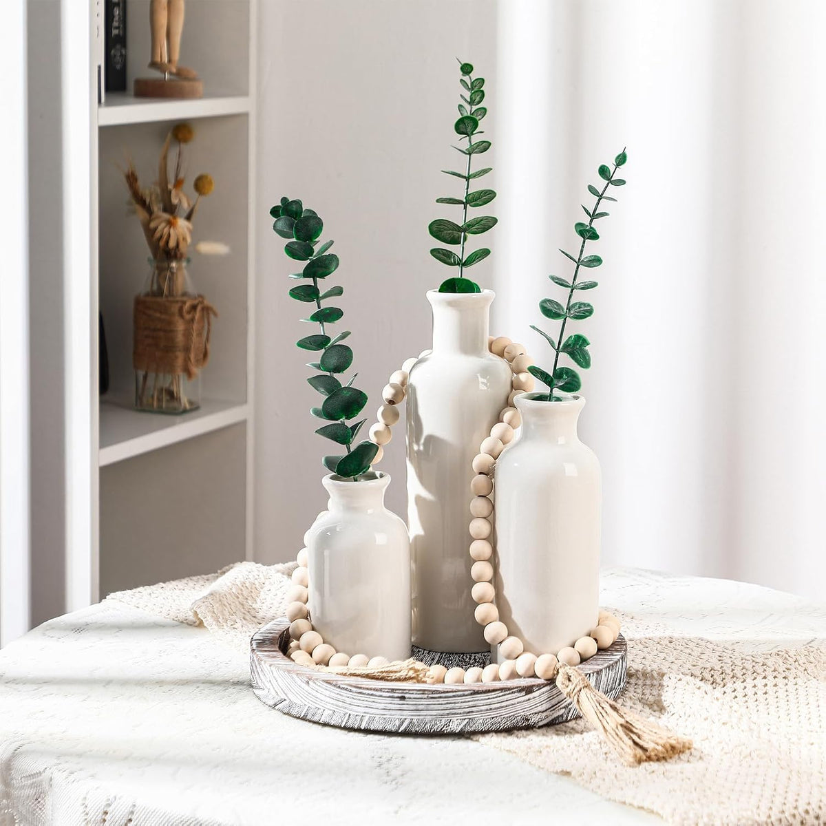 coffee table decor set, gray white, front angle view