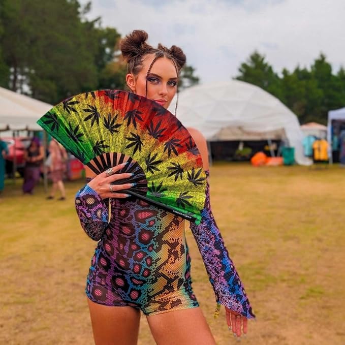 Kandies World UV Reactive Custom Festival Folding Hand Fan - Unique Designs, Made of Bamboo, Clacking Sound, Lightweight - Perfect Rave and Festival Accessory!