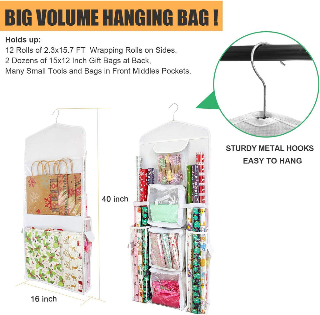 SumDirect Double-Sided Gift Wrap Organizer - White Hanging Wrapping Paper Gift Bag Storage Holder Pockets