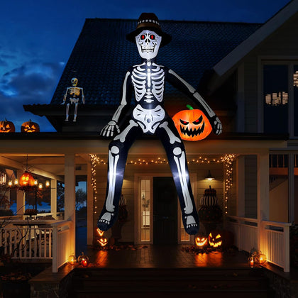 10FT Scary Halloween Inflatables Outdoor, Giant Sitting Skeleton Inflatable