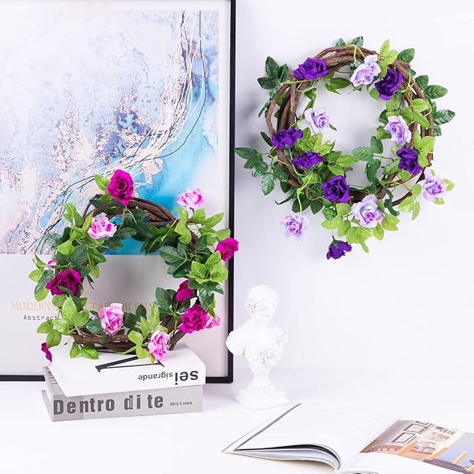 Kisflower 3Pack Artificial Rose Flower Garland, 23.7FT Fake Vines Silk Flowers Hanging Rose Ivy for Wedding Arch Decorations Room Party Home Garden Hotel Office Wall Decor (Purple)