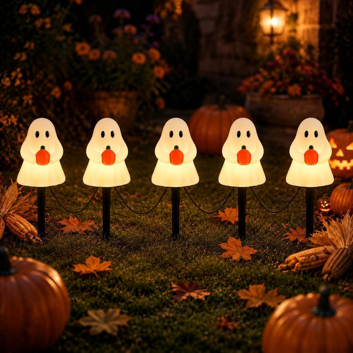 10.5FT Halloween Ghost Pathway Lights, 5 PK Plug in LED Ghost Stake Lights