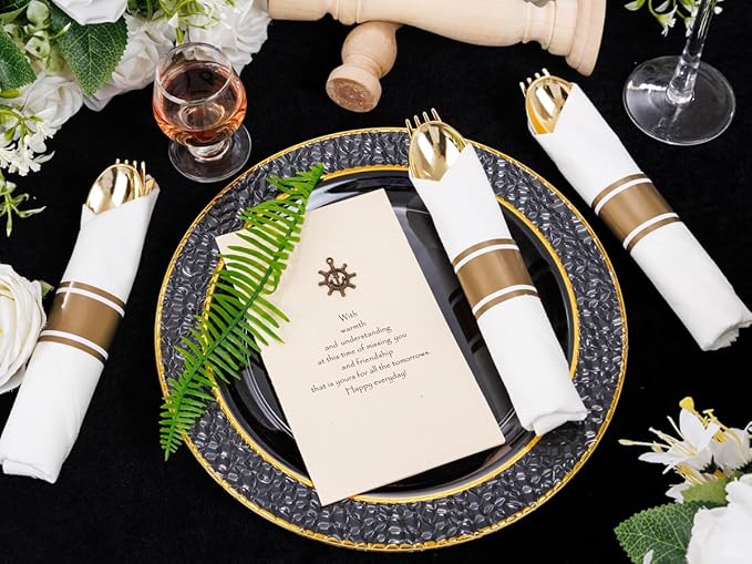 400PCS Pre Rolled Gold Plastic Silverware Sets - Heavy Duty Hammered Gold Cutlery Include 100 Pack Wrapped Disposable Utensils with Napkins for Parties, Dinners & Weddings