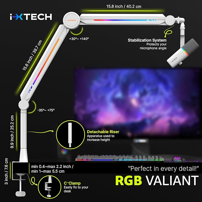 IXTECH RGB Mic Boom Arm High Profile, Overhead Boom Arm Microphone Stand Desk Mount, Adjustable Microphone Stand with Desk Mount, Mic Arm for Live Streaming Gaming Podcasting Recording.