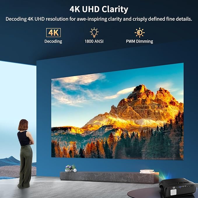 Ultra Bright 1800ANSI Lumens Smart Projector, NFC Casting Wireless, WiFi 6, 4K-Decoding HDR10+, Android TV, Two-Way Bluetooth, DSP Stereo, Daylight Home Theater/ Low Latency Gaming/ Backyard Movie