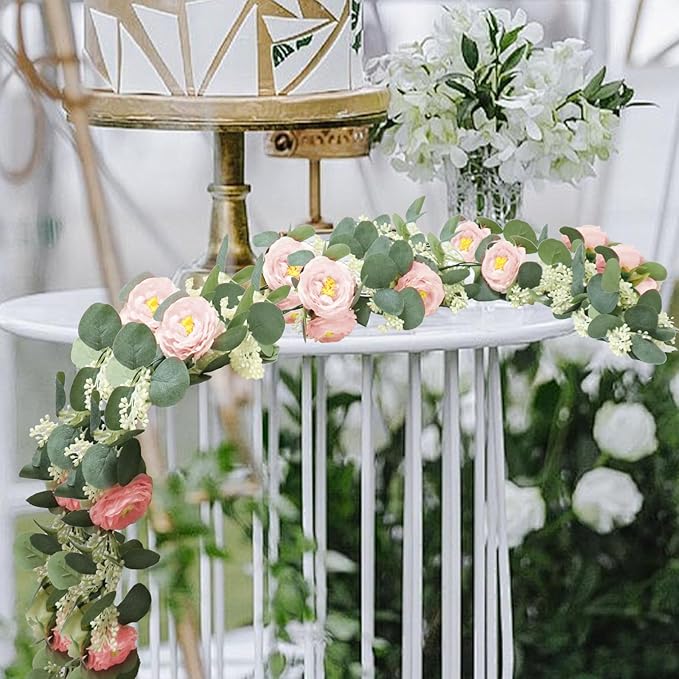 MAKHOT 2 Pcs Pink 6.6Ft Artificial Eucalyptus Flower Garland with Fake Rose Flower Vine Seeded Eucalyptus Leaves Greenery Garland for Wedding Table Backdrop Party Centerpiece Room Decor (Pink)