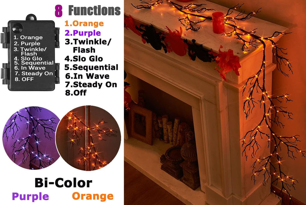 litbloom halloween garland lights 8 functions 120 orange shown in use