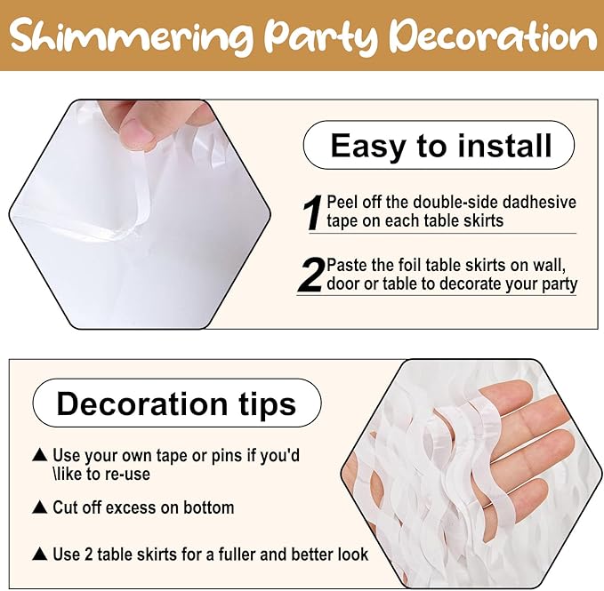 6 Pack 29 x108 Inch Macaron White Wave Foil Fringe Table Skirts Metallic Banner for Tinsel Streamer Garland Backdrop for Parade Floats, Mother's Day, Easter, Wedding, Birthday Party Decoration